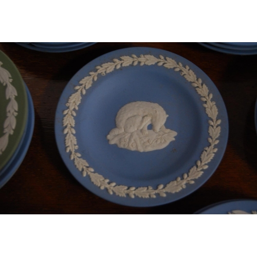 116 - Group of Wedgwood blue Jasper ware pin dishes and one green Jasper ware pin dish.&nbsp;&nbsp;