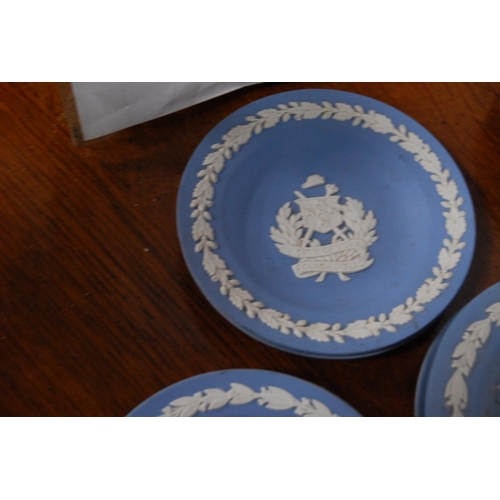116 - Group of Wedgwood blue Jasper ware pin dishes and one green Jasper ware pin dish.&nbsp;&nbsp;