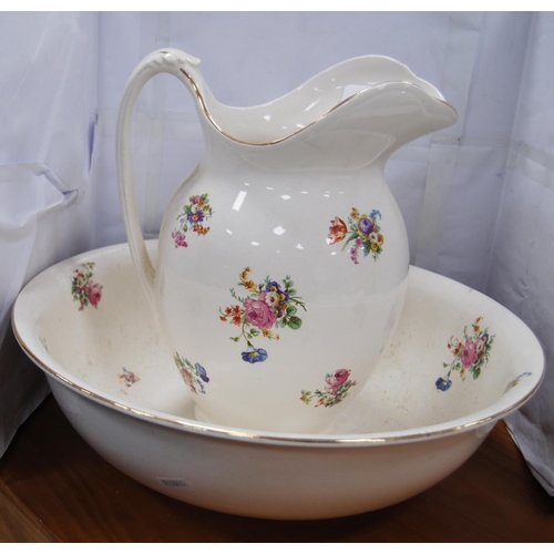 22 - Ceramic toilet ewer and matching basin with floral decoration, and ceramic miniature teapot condimen... 