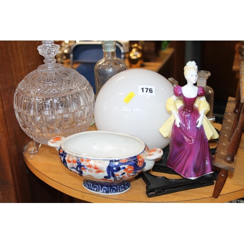 176 - Moulded glass spherical jar and cover, Imari dish, Royal Doulton 'Loretta' figure, etc.