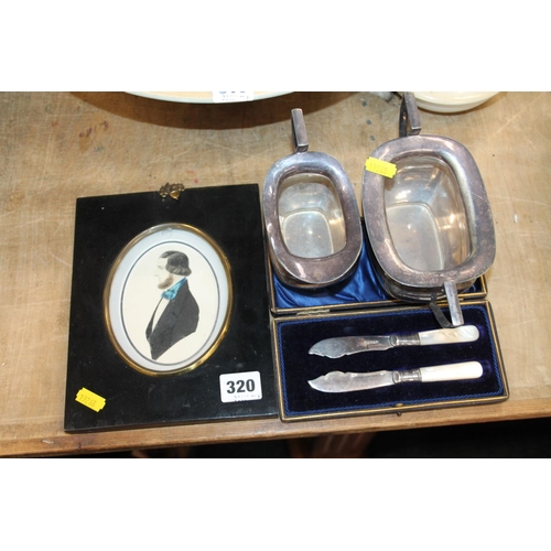 320 - Silver-plated Walker & Hall sugar and cream, a cased pair of knives, and a silhouette of a gentl... 