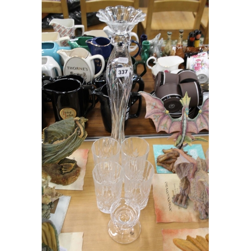 337 - Set of four glasses, Dartington crystal candle stand, and a Galway crystal candle stand.