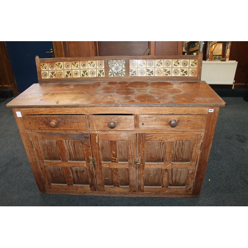 425 - Pitch pine sideboard, with three frieze drawers over three cupboard doors, 160cm wide.