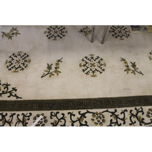 441 - Cream and green ground large carpet, with Greek key border, 365 x 264cm.