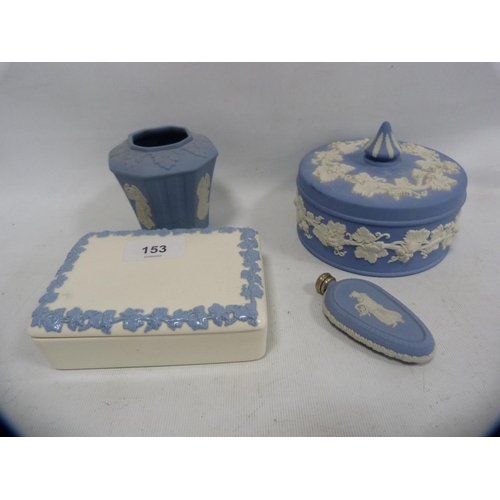 153 - Group of Wedgwood blue Jasper ware to include teapot, milk jug, circular jar and cover, scent bottle... 