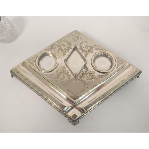 51 - Victorian e.p. inkstand of lozenge shape with engraved scrolls and two cut glass receivers flanking ... 