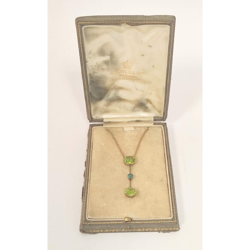 64 - Gold pendant with circular peridot dependant by a zircon from another, Wheatley case, c1900. 3g