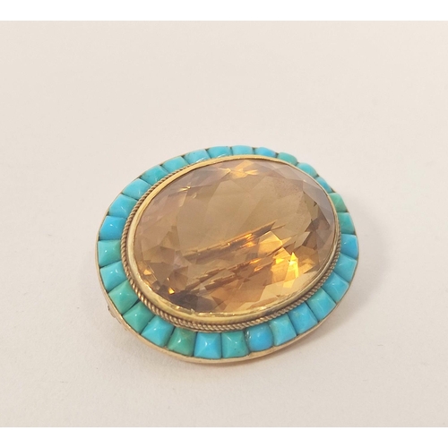 66 - Victorian gold oval brooch with cairngorm within a border of turquoise, probably 15ct, 28mm x 23mm. ... 