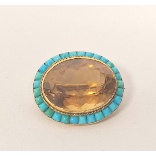 66 - Victorian gold oval brooch with cairngorm within a border of turquoise, probably 15ct, 28mm x 23mm. ... 