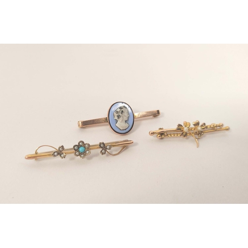 71 - Gold pin with turquoise and pearls, similar shamrock brooch and another with cameo, all 9ct. 6g gros... 