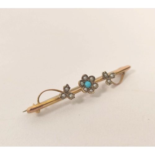 71 - Gold pin with turquoise and pearls, similar shamrock brooch and another with cameo, all 9ct. 6g gros... 