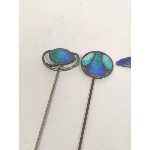 75 - Three enamelled silver hat pins of Art Nouveau style, Chester 1910 and Birmingham 1908 (2), another ... 