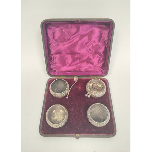 80 - Set of four silver pepperettes, a pair of Armada Dishes, 87mm and four salts, cased, 332g / 10oz.