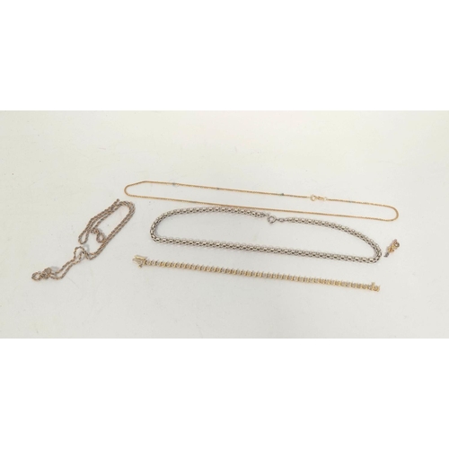 87 - Gold bracelet with diamonds '14k', two necklets (10g) and a silver necklet.