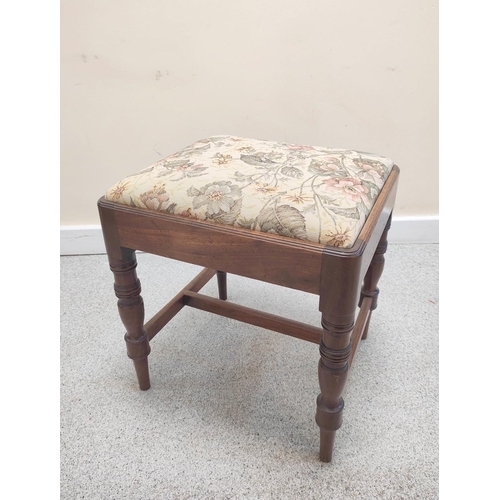 470 - Georgian mahogany rectangular stool with slip in seat on ring turned tapered supports with understre... 