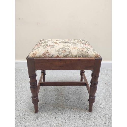 470 - Georgian mahogany rectangular stool with slip in seat on ring turned tapered supports with understre... 