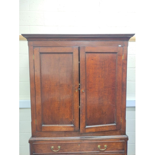 474 - Early 19th century oak press cupboard with moulded pediment above pair of single panel cupboard door... 