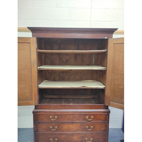 474 - Early 19th century oak press cupboard with moulded pediment above pair of single panel cupboard door... 