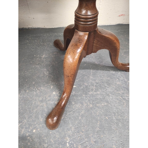 477 - George III circular mahogany occasional table on turned column and downswept tripod supports with pa... 