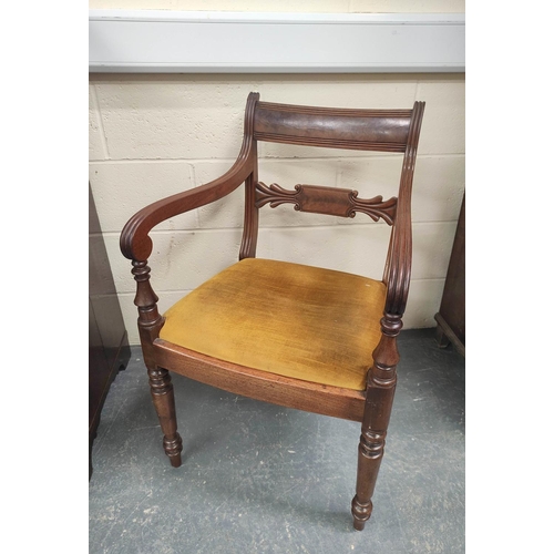 481 - Early 19th century mahogany carver armchair with plain top rail and foliate mid rail above slip in s... 