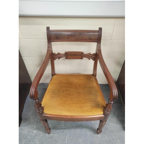 481 - Early 19th century mahogany carver armchair with plain top rail and foliate mid rail above slip in s... 