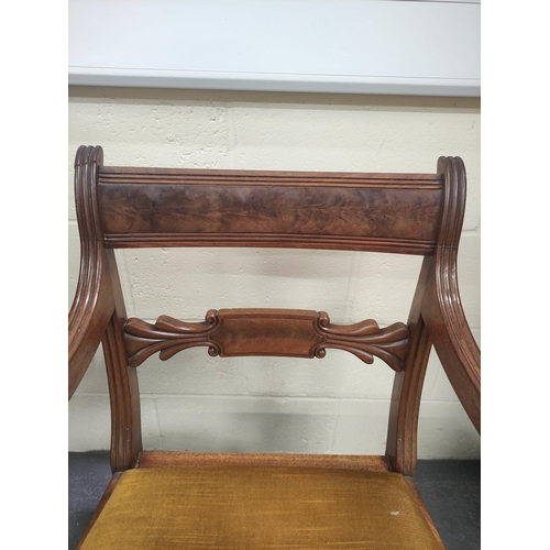 481 - Early 19th century mahogany carver armchair with plain top rail and foliate mid rail above slip in s... 