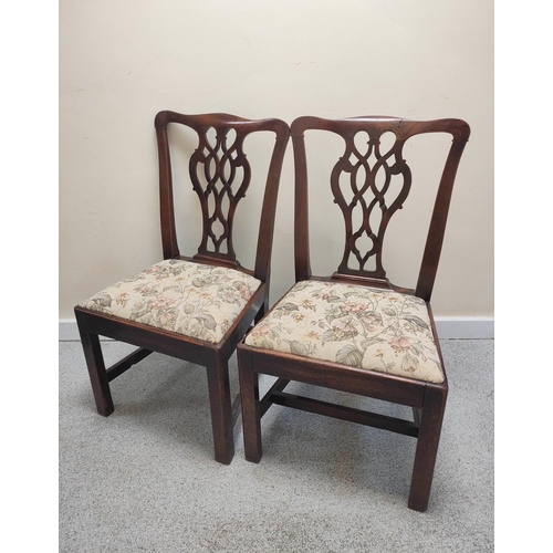 482 - Pair of 18th century mahogany dining chairs, each with yoke top rail and pierced carved back splat a... 