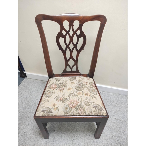 482 - Pair of 18th century mahogany dining chairs, each with yoke top rail and pierced carved back splat a... 