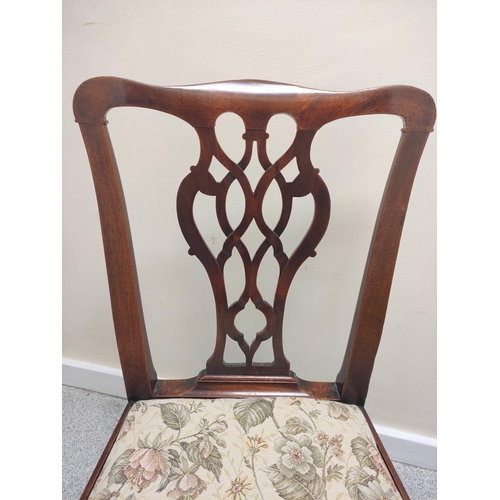 482 - Pair of 18th century mahogany dining chairs, each with yoke top rail and pierced carved back splat a... 