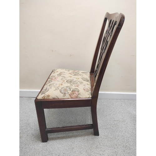 482 - Pair of 18th century mahogany dining chairs, each with yoke top rail and pierced carved back splat a... 