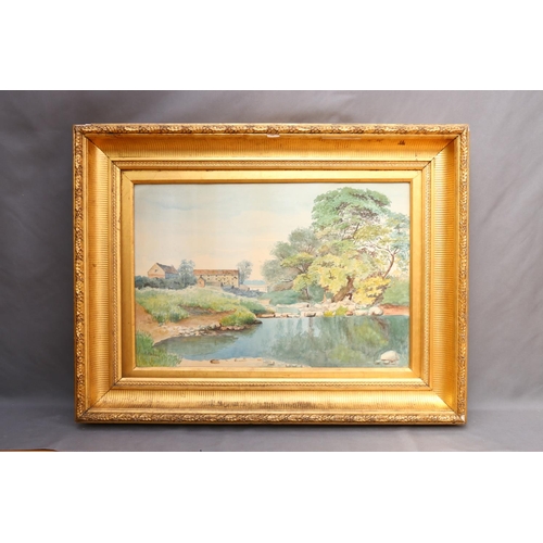 469 - P D VALLANCE, pool before farm buildings, watercolour, signed lower left, 40cm x 60cm, gilt frame 62... 