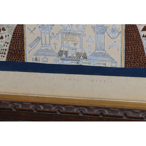 470 - 20TH CENTURY SCHOOL, The Kirkwall Scroll - Masonic interest, hand coloured print, 78cm x 27cm.