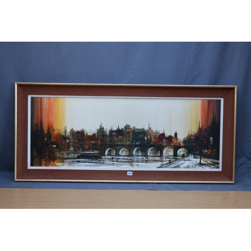 476 - RONALD NORMAN FOLLAND (British 1932-1999), La Quai Du Louvre, oil on canvas, 44cm x 120cm. 