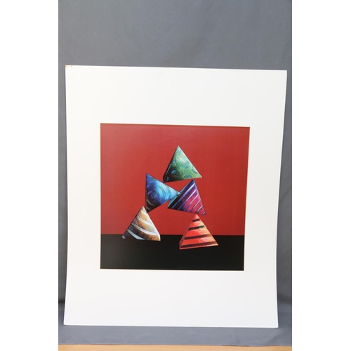 505 - 20TH CENTURY art print of balancing triangular prisms, unsigned, unframed, 52cm x 52cm.