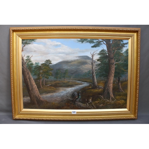 509 - WILLIAM FORBES (Mar Lodge Estate Head Stalker), Capercaillie by a Highland stream, oil on canvas, 50... 