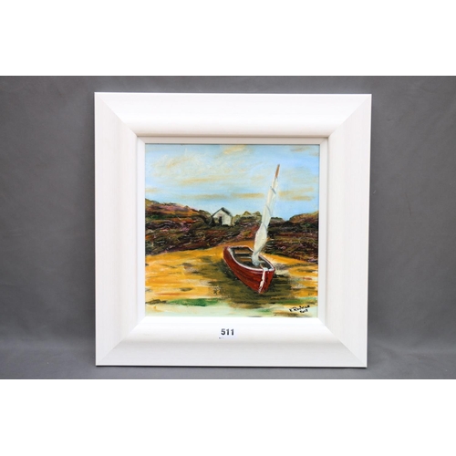 511 - VIC RODRICK, Sailboat on Gigha, oil on canvas, signed and dated 2017 lower right, 29cm x 29cm.