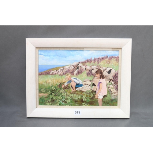 519 - M BRUCE of Glasgow, boy and girl picking berries on the coast, oil on board, signed lower right, 23c... 