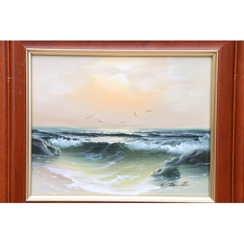 522 - C BENNETT, two seascapes, oil on canvas, signed lower right, frame size 29cm x 34cm. (2)