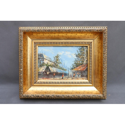 523 - FRENCH SCHOOL, Parisian street scene, oil painting, signed lower left, 11cm x 16cm.