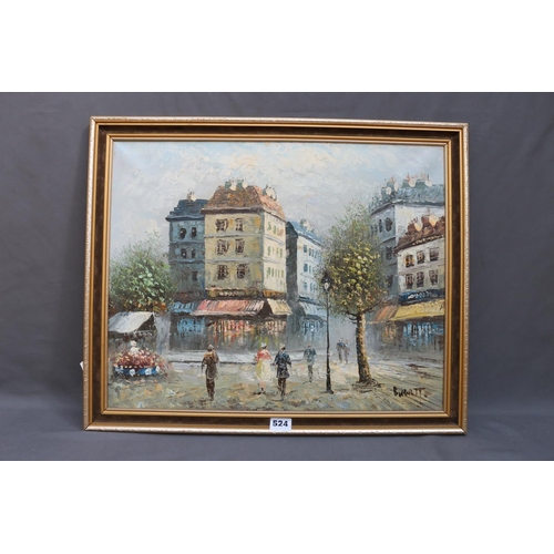 524 - BURNETT, Parisian street scene, oil on canvas, signed lower right, 40cm x 50cm.