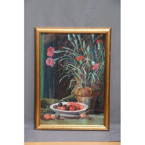 528 - 20TH CENTURY SCHOOL, still life bowl of cherries and pot plant, pastel drawing, signed indistinctly ... 