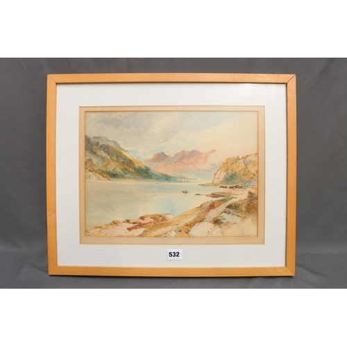 532 - T MORRIS, Scottish Highland lochscape, watercolour, signed lower right, 26cm x 36cm. 