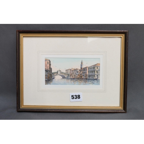 538 - ITALIAN SCHOOL, Rialto Bridge Venice, watercolour, indistinctly signed and dated '54, watercolour, 7... 