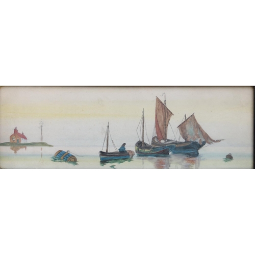 542 - 19TH CENTURY SCHOOL, fishing boats at anchor, watercolour, unsigned, 11cm x 35cm. 