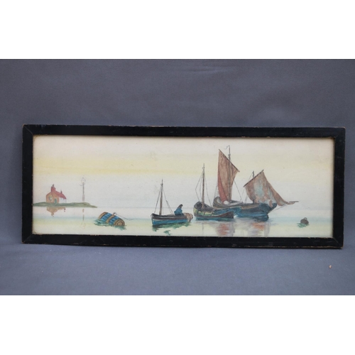 542 - 19TH CENTURY SCHOOL, fishing boats at anchor, watercolour, unsigned, 11cm x 35cm. 