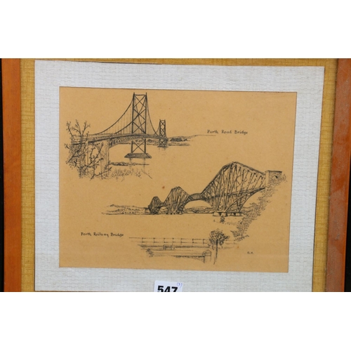 547 - BH, the Forth Bridges, ink drawing, signed with initials lower right, 19cm x 25cm, also two DONALD C... 