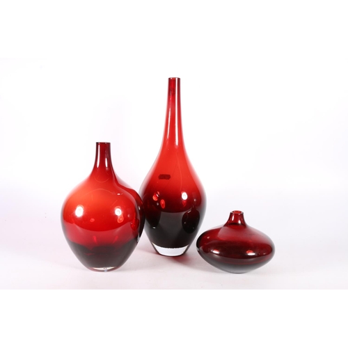 65 - Three ruby red Salong Scandinavian Art Glass vases designed by Johanna Jelinek for Ikea, tallest mea... 