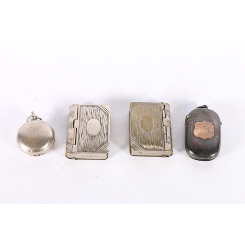 355 - Sterling silver vesta case, Birmingham, H & T, 29g, two other silver plated vestas in the form o... 