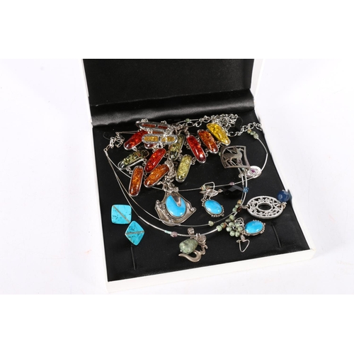 367 - Silver and white metal jewellery to include a silver 'OLA' deer brooch, a blue stone set silver pend... 