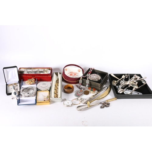 371 - Fine silver pocket watch, EP flatware, a fob, costume jewellery, etc.